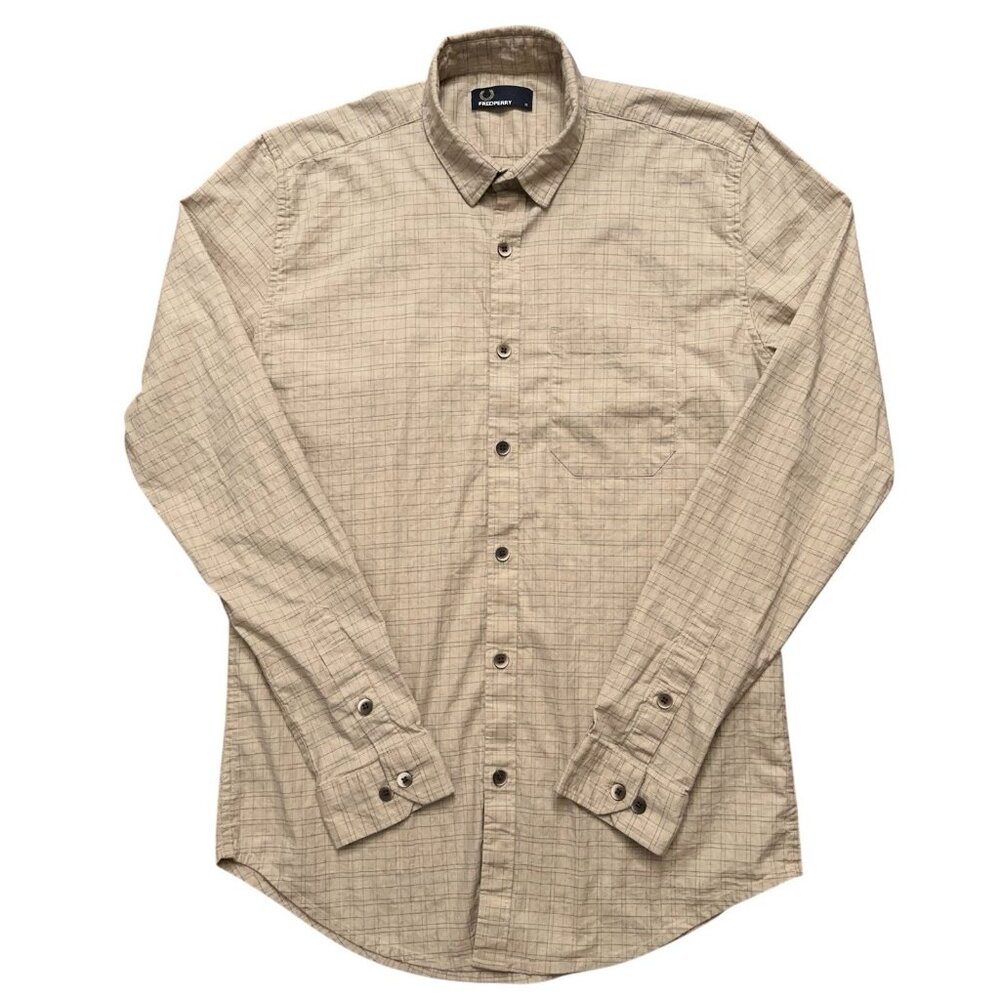 Fred Perry Shirt Mens Size M Long Sleeve Button Pocket Plaid Beige